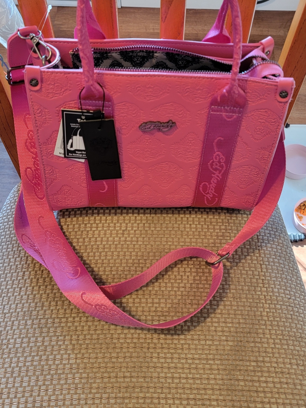 Ed Hardy Hot Pink Embossed Shoulder Tote with Webbed Strap
